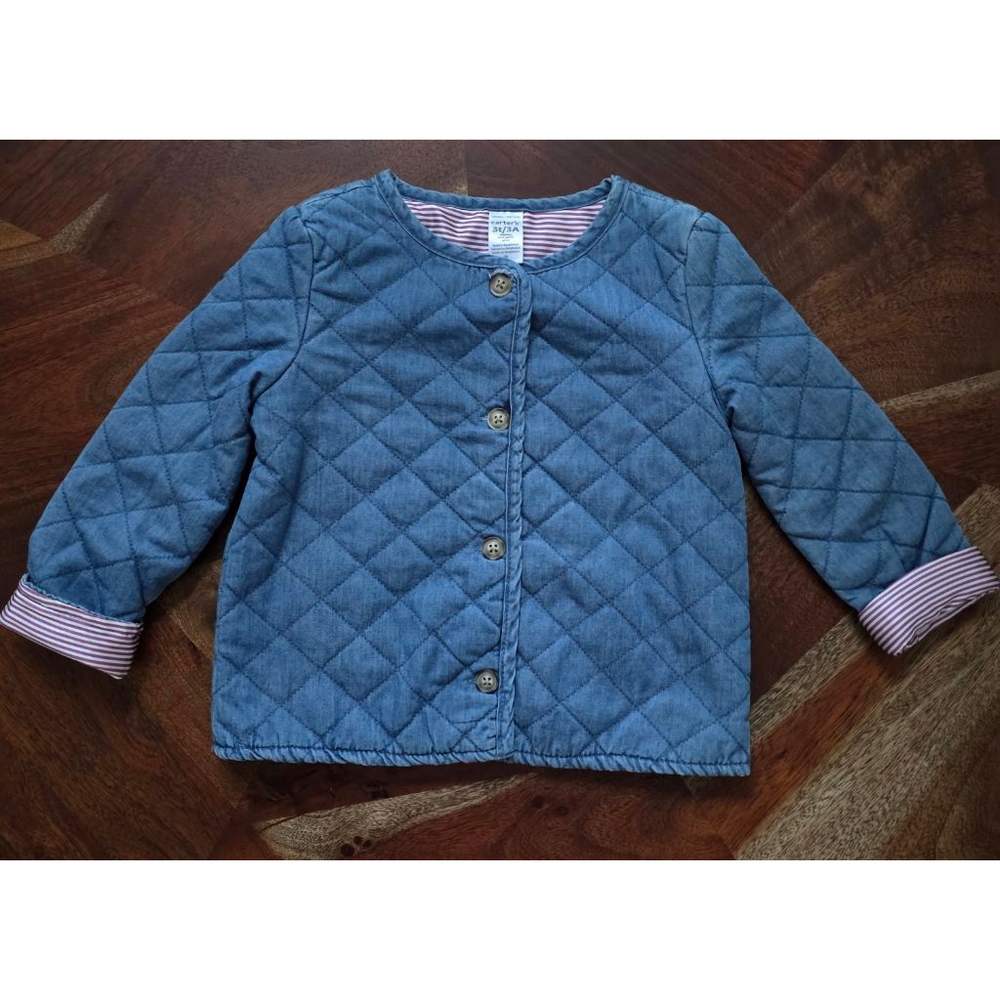 Toddler Girl Carter's Blue Quilted Cozy Denim Jacket with Red Stripe Lining 3T